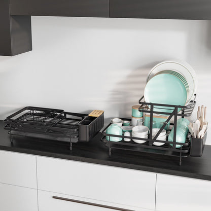 2-Tier Kitchen Dish Drying Rack with Utensil Holder-Black