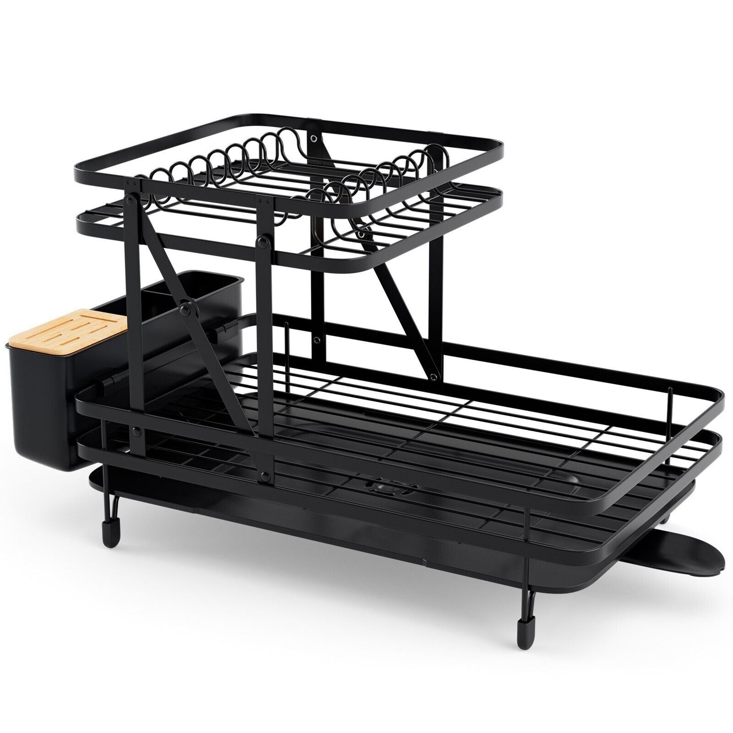 2-Tier Kitchen Dish Drying Rack with Utensil Holder-Black