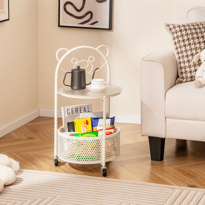 2-Tier Mobile Glass Coffee Table with Bear Pattern and Storage Basket-White