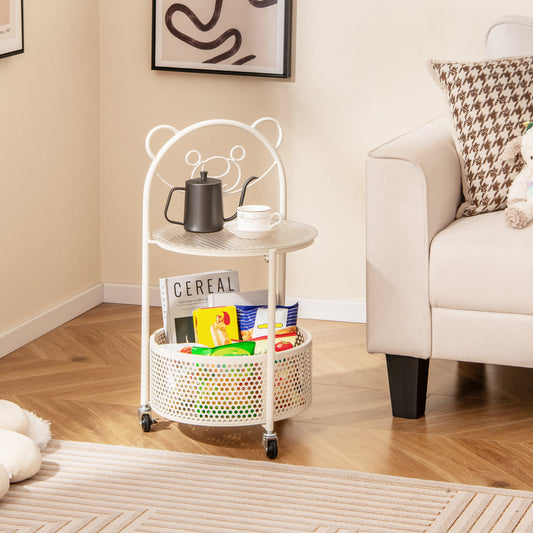 2-Tier Mobile Glass Coffee Table with Bear Pattern and Storage Basket-White
