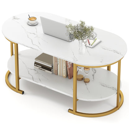 2-Tier Oval Coffee Table with Storage and Faux Marble Top-White