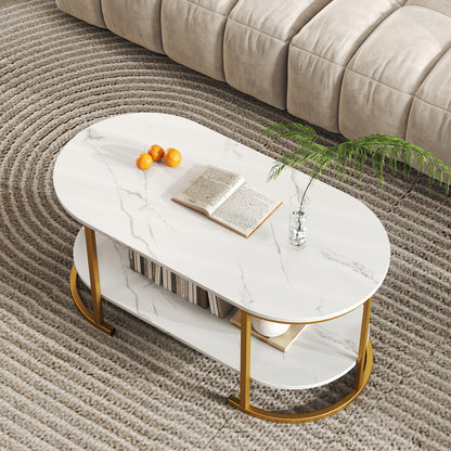 2-Tier Oval Coffee Table with Storage and Faux Marble Top-White