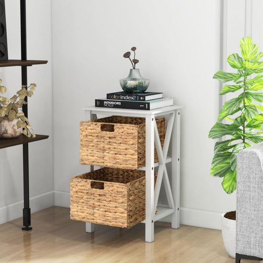Set of 2 3-tier bedside tables with 2 seagrass baskets &amp; X-Design narrow side table white