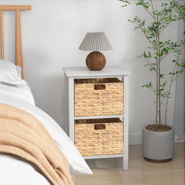 Set of 2 3-tier bedside tables with 2 seagrass baskets &amp; X-Design narrow side table white