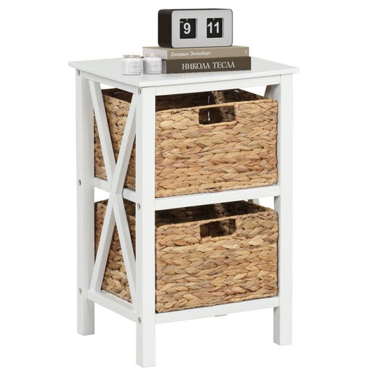 Set of 2 3-tier bedside tables with 2 seagrass baskets &amp; X-Design narrow side table white