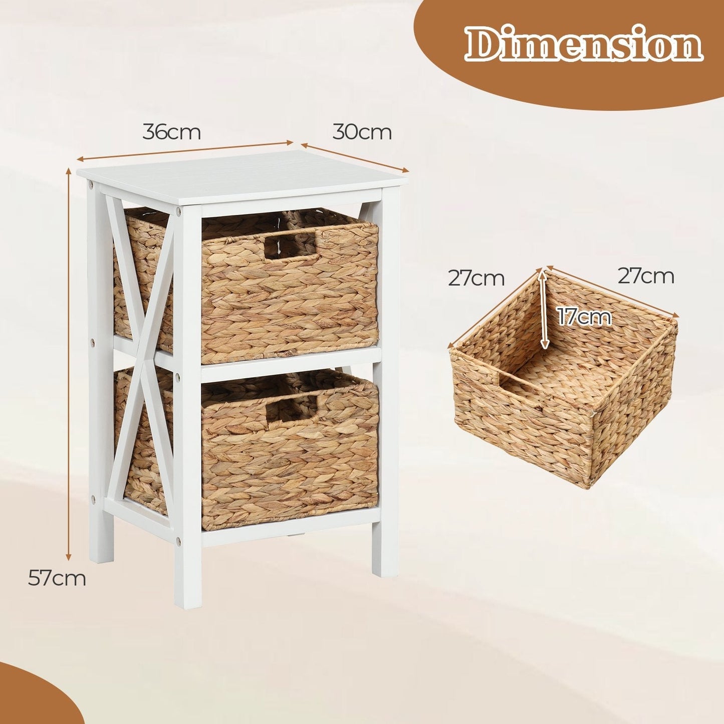 Sofa Side Table with Seagrass Baskets and Rubber Wood X-Shaped Frames and Acacia Wood Legs-White-2-Tier