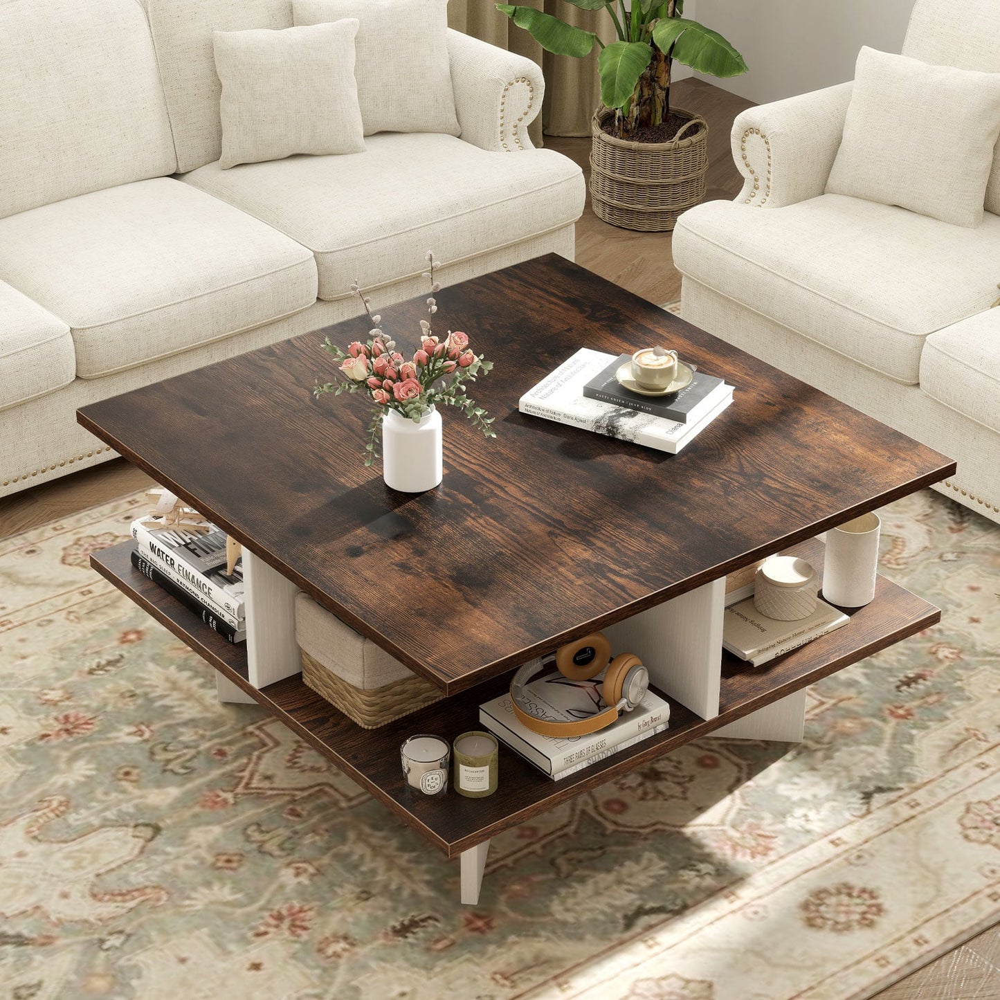 2-Tier Square Coffee Table with 4 Storage Compartments and Cross-shape Base-Coffee
