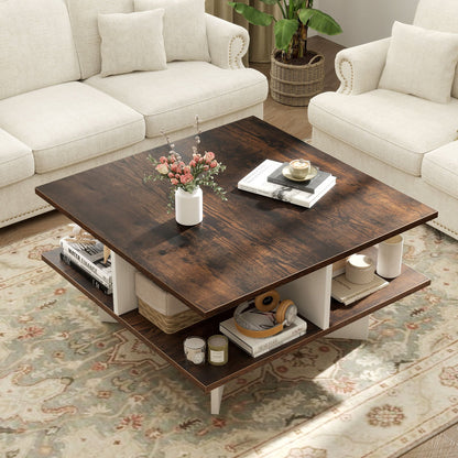 2-Tier Square Coffee Table with 4 Storage Compartments and Cross-shape Base-Coffee