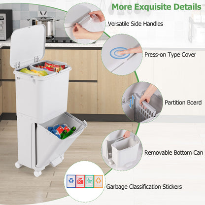 2-Tier Trash Can with Tilt-Designed Bottom Bin and Lockable Wheels