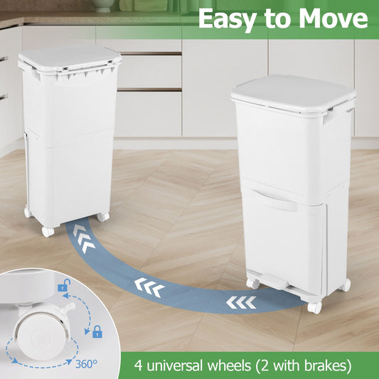 2-Tier Trash Can with Tilt-Designed Bottom Bin and Lockable Wheels