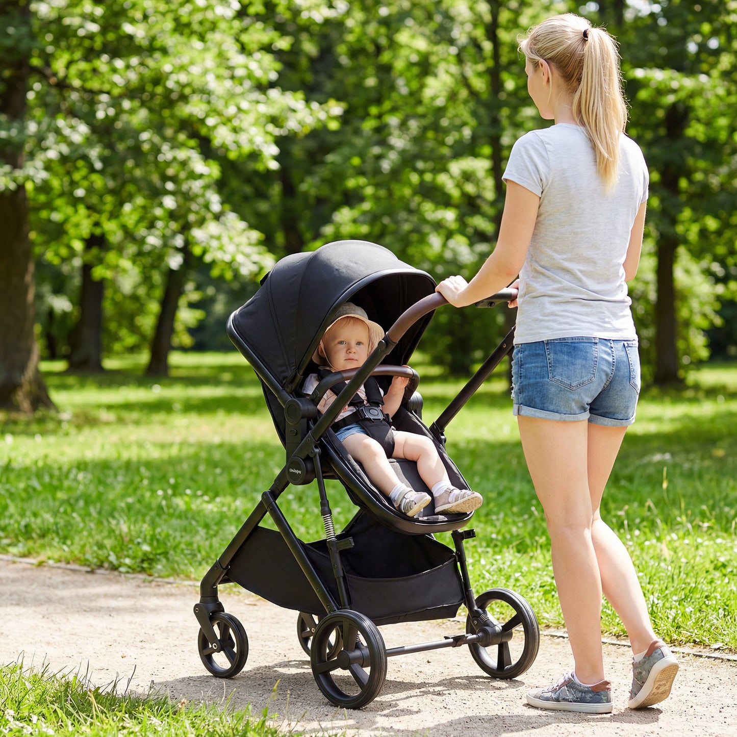 2 in 1 Baby Stroller Convertible High Landscape with Bassinet Mode Reversible Seat-Black