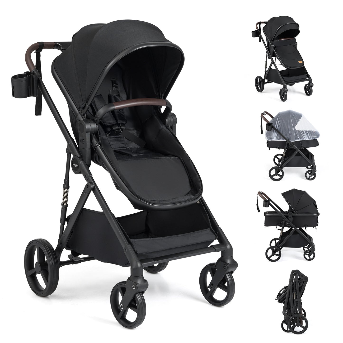 2 in 1 Baby Stroller Convertible High Landscape with Bassinet Mode Reversible Seat-Black
