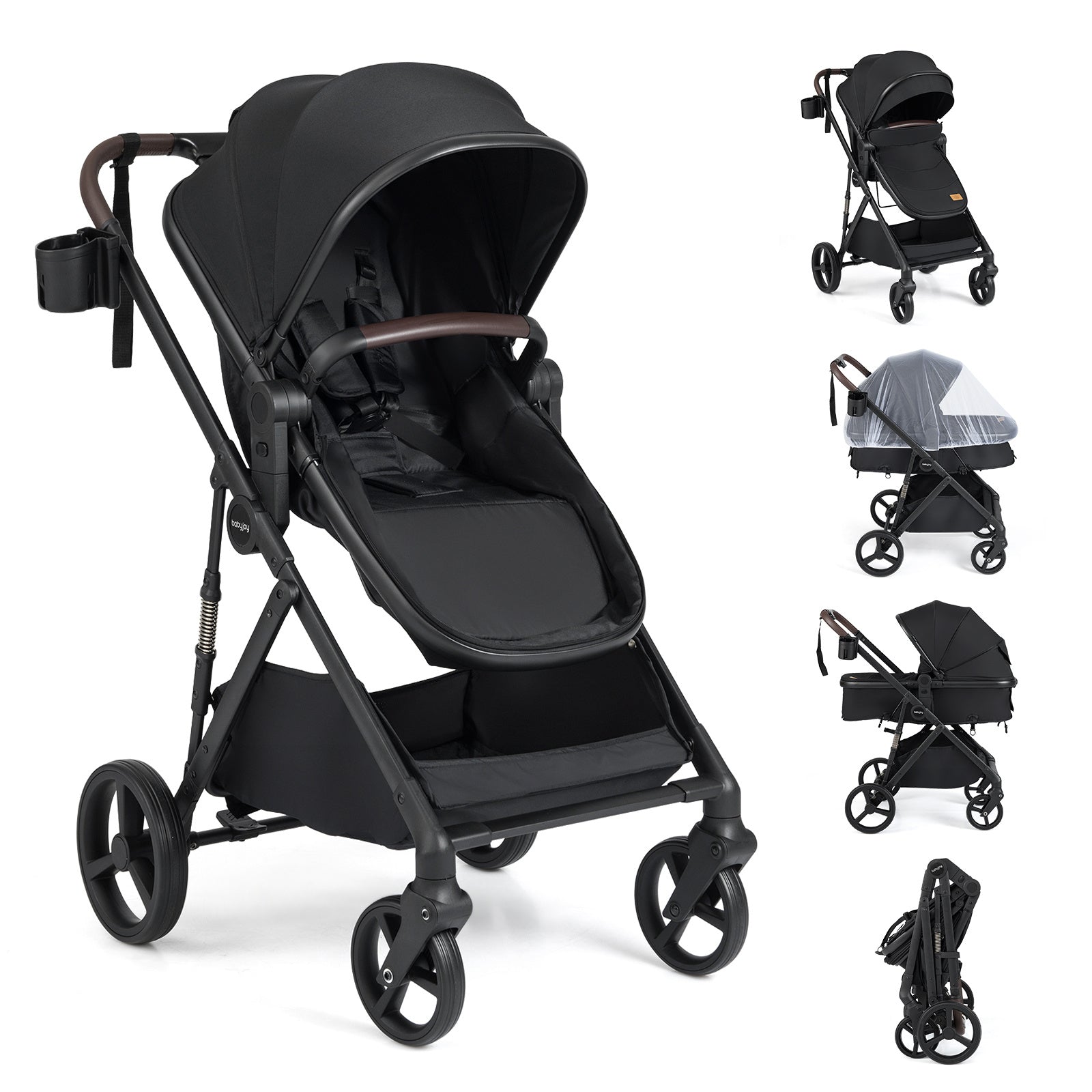 2 in 1 Baby Stroller Convertible High Landscape with Bassinet Mode Reversible Seat-Black