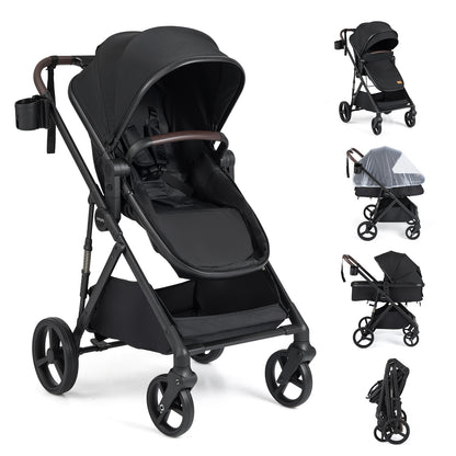 2 in 1 Baby Stroller Convertible High Landscape with Bassinet Mode Reversible Seat-Black