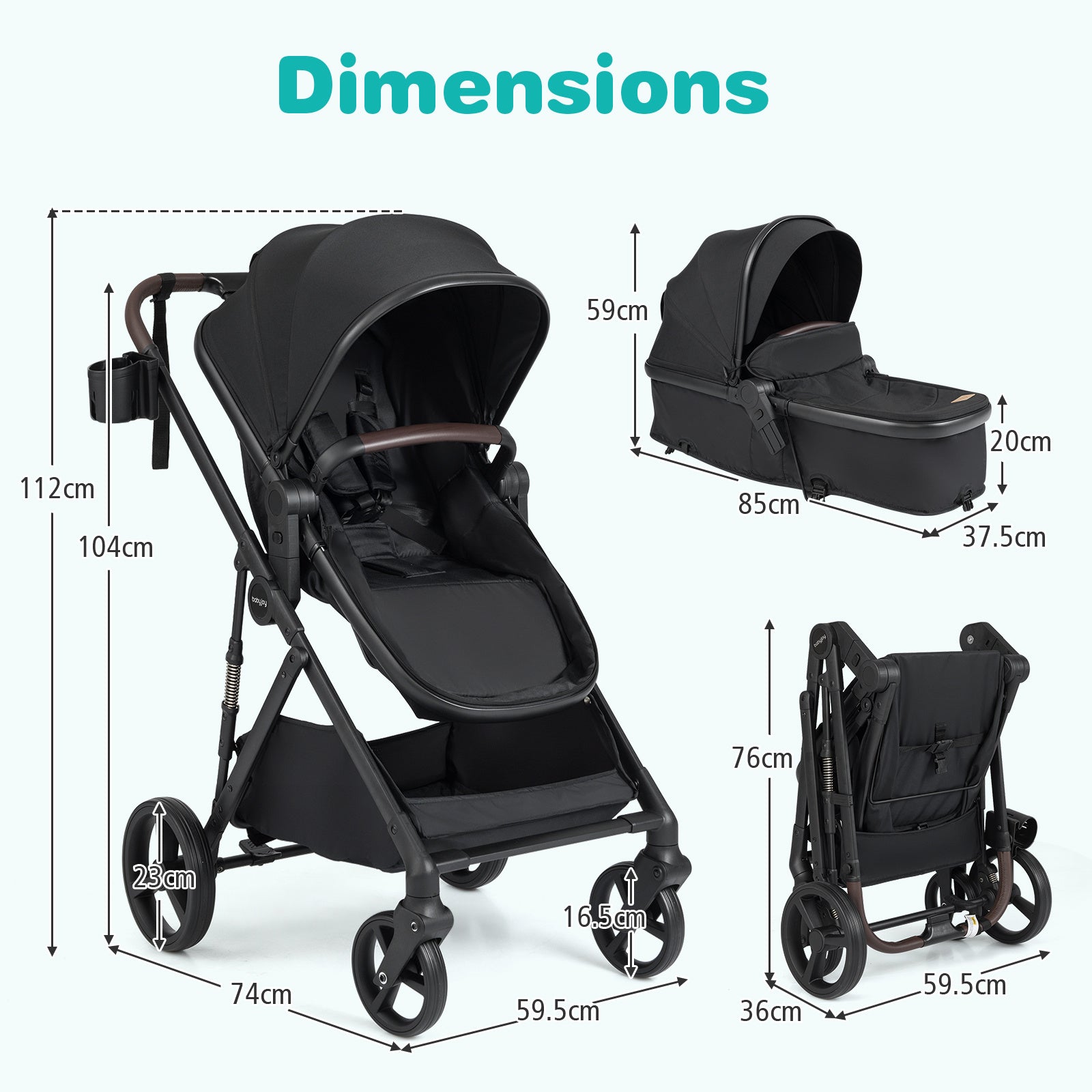 2 in 1 Baby Stroller Convertible High Landscape with Bassinet Mode Reversible Seat-Black