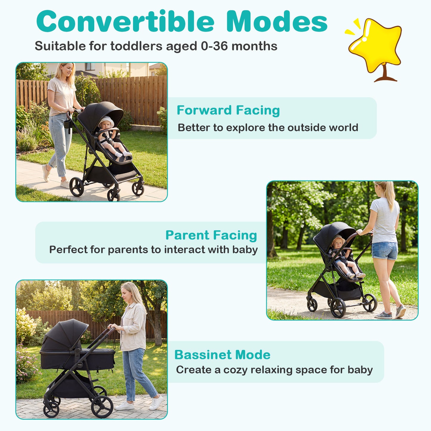 2 in 1 Baby Stroller Convertible High Landscape with Bassinet Mode Reversible Seat-Black