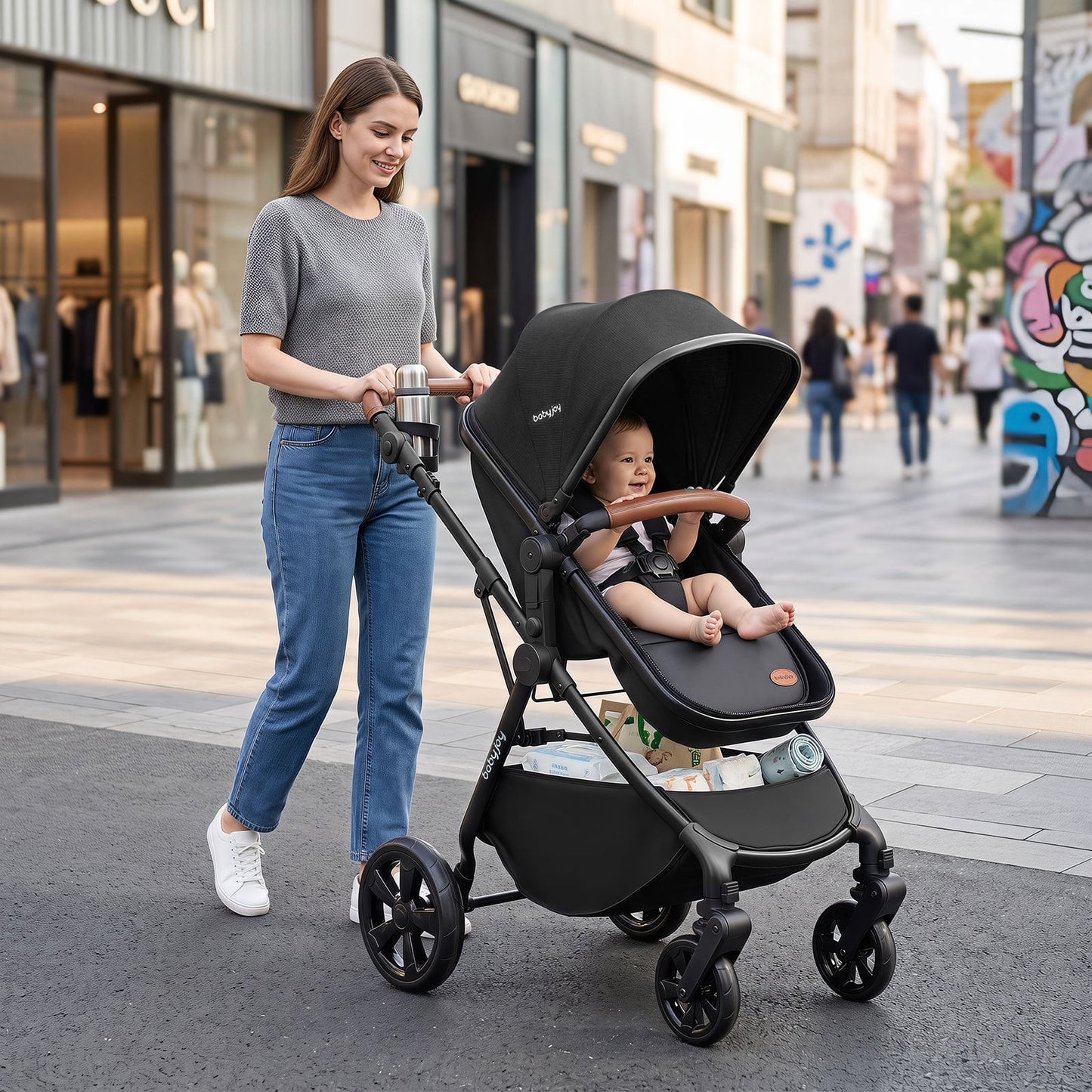 2-in-1 Convertible Baby Stroller with Car Seat Adapters High Landscape Folding Newborn Pram Stroller-Black