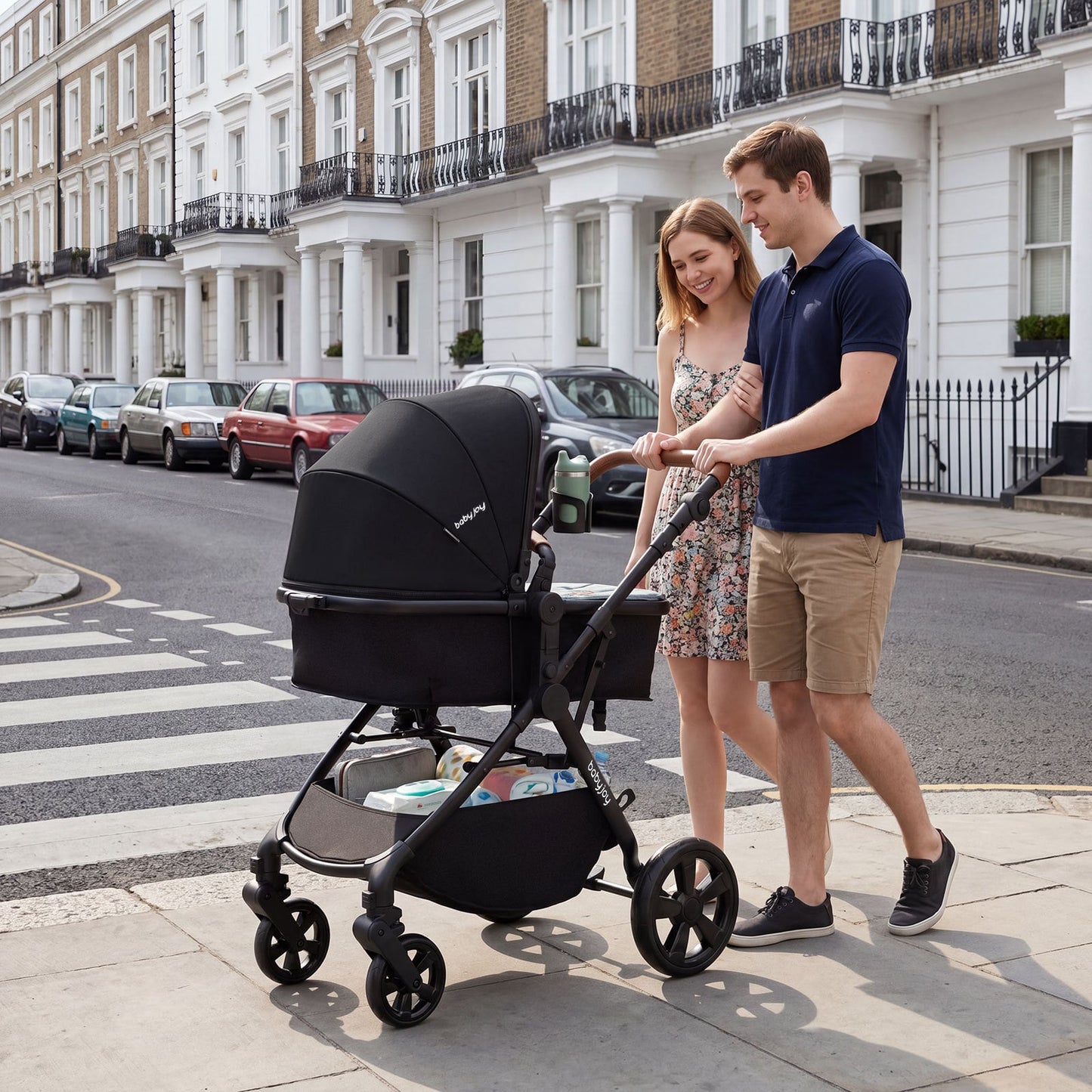 2-in-1 Convertible Baby Stroller with Car Seat Adapters High Landscape Folding Newborn Pram Stroller-Black