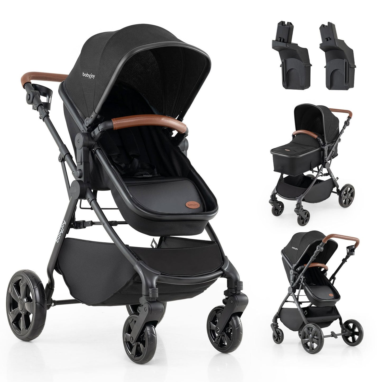 2-in-1 Convertible Baby Stroller with Car Seat Adapters High Landscape Folding Newborn Pram Stroller-Black