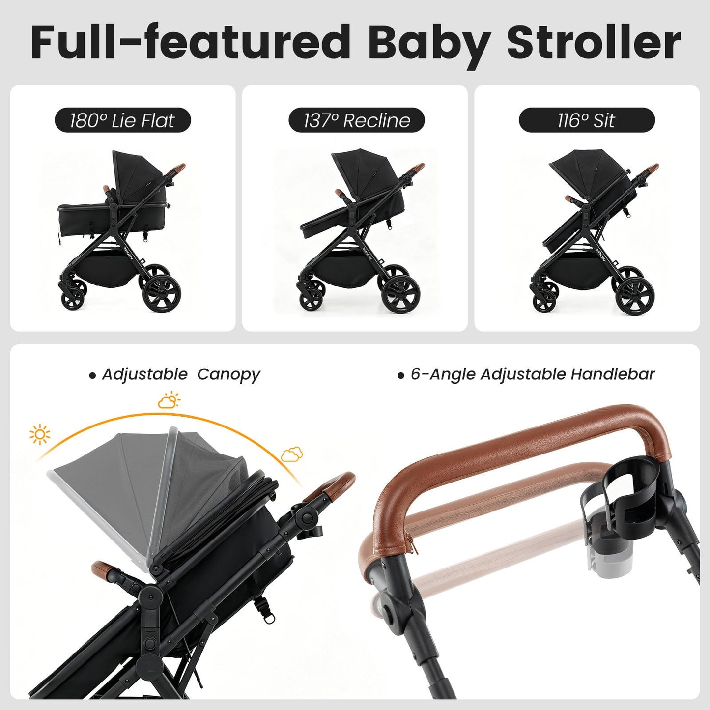 2-in-1 Convertible Baby Stroller with Car Seat Adapters High Landscape Folding Newborn Pram Stroller-Black