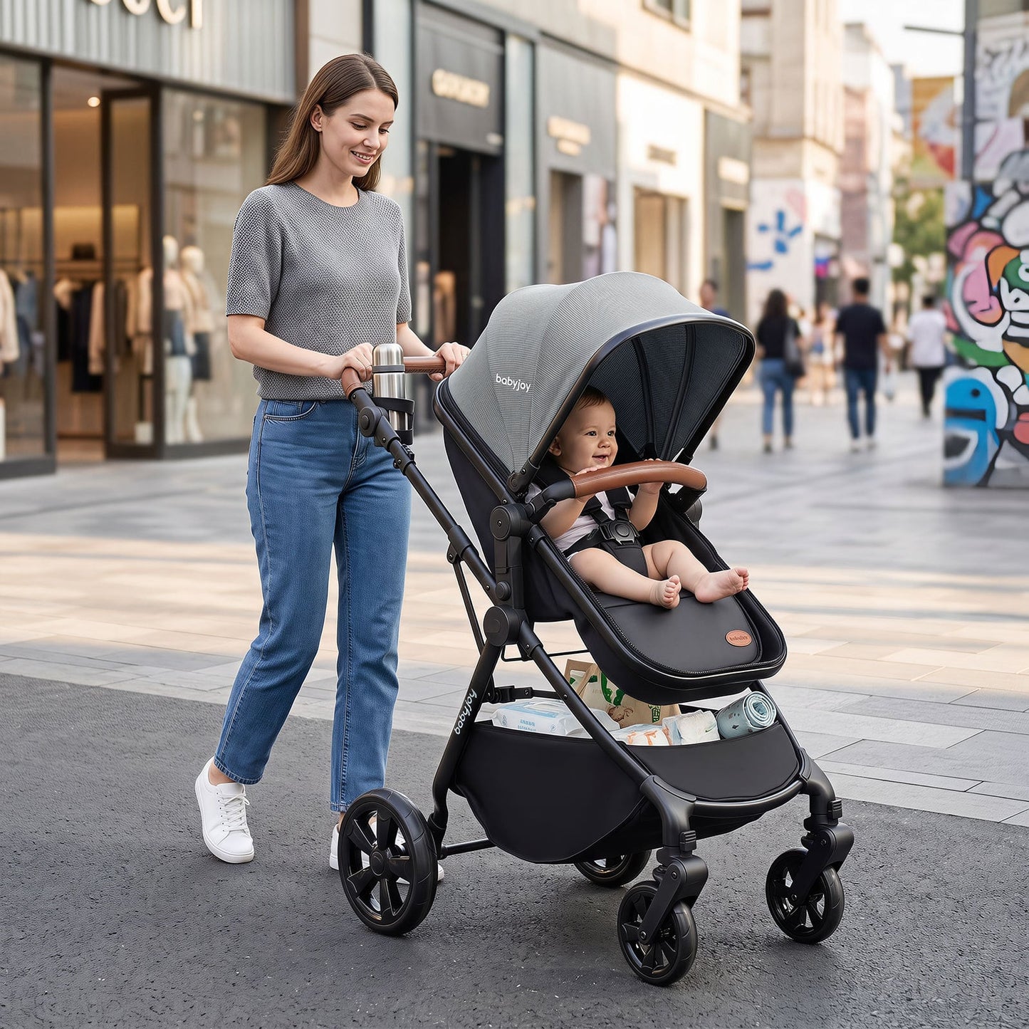2-in-1 Convertible Baby Stroller with Car Seat Adapters High Landscape Folding Newborn Pram Stroller-Gray