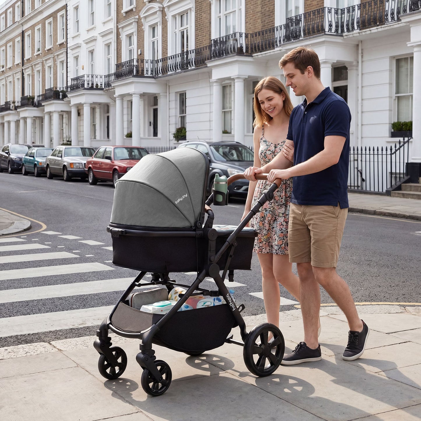 2-in-1 Convertible Baby Stroller with Car Seat Adapters High Landscape Folding Newborn Pram Stroller-Gray