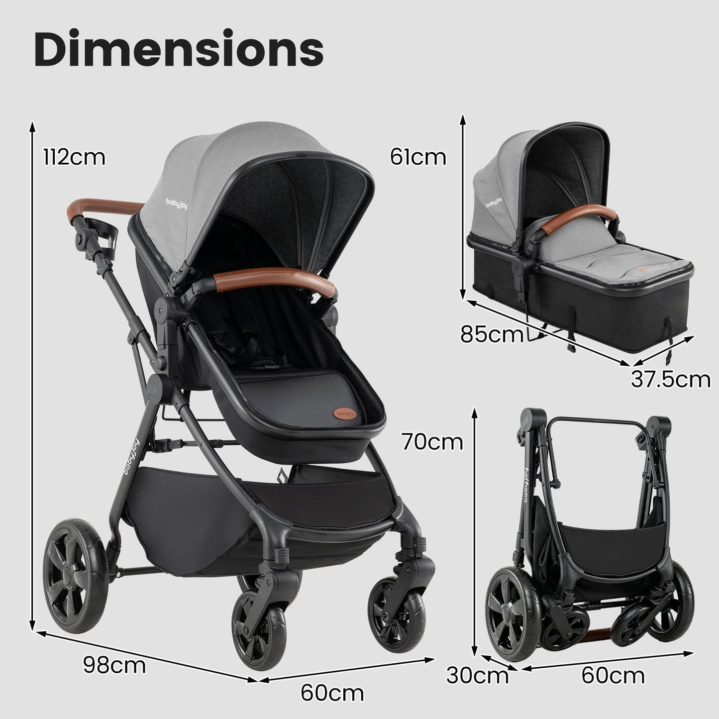 2-in-1 Convertible Baby Stroller with Car Seat Adapters High Landscape Folding Newborn Pram Stroller-Gray