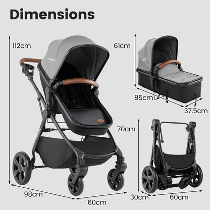 2-in-1 Convertible Baby Stroller with Car Seat Adapters High Landscape Folding Newborn Pram Stroller-Gray