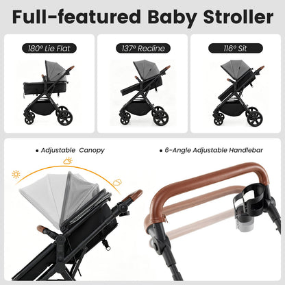 2-in-1 Convertible Baby Stroller with Car Seat Adapters High Landscape Folding Newborn Pram Stroller-Gray