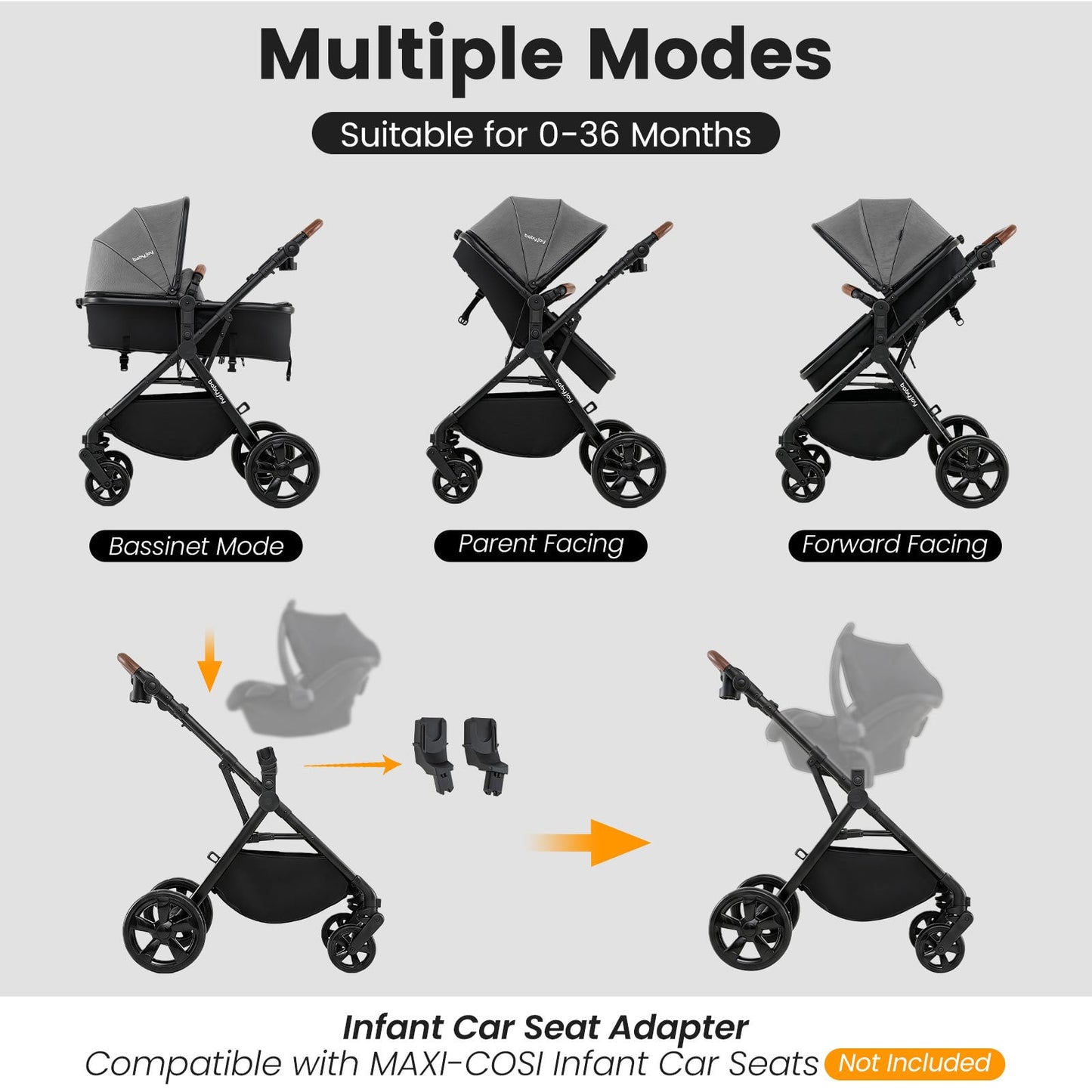2-in-1 Convertible Baby Stroller with Car Seat Adapters High Landscape Folding Newborn Pram Stroller-Gray