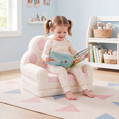 2-in-1 Convertible Kids Sofa to Lounger with Removable Cover and Bear's Paw Patterns-Pink