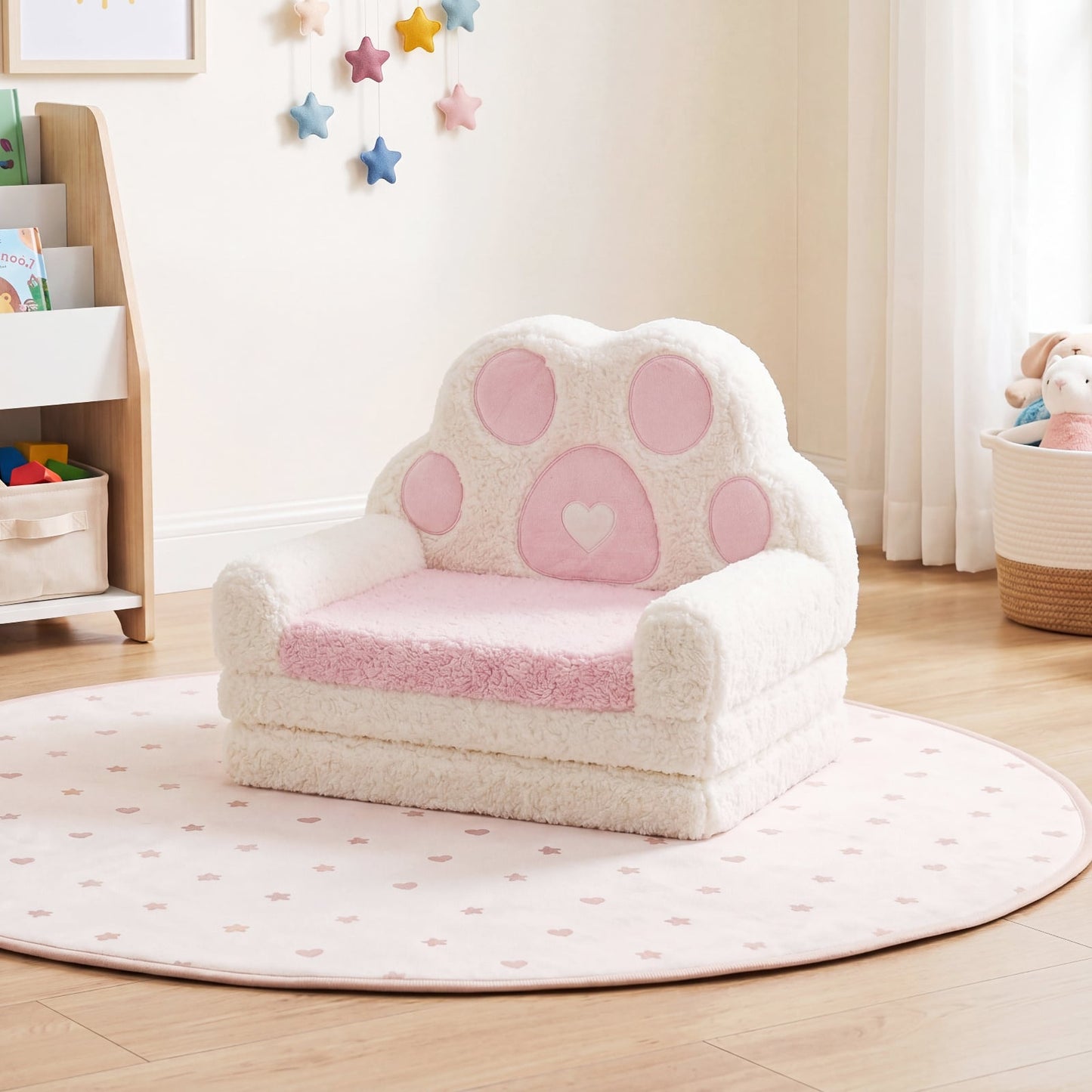 2-in-1 Convertible Kids Sofa to Lounger with Removable Cover and Bear's Paw Patterns-Pink