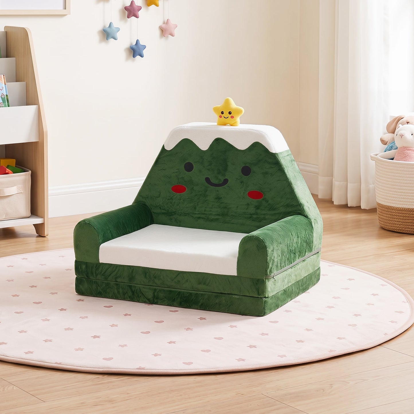 2-in-1 Convertible Kids Sofa to Lounger with Removable Cover and Christmas Patterns-Green
