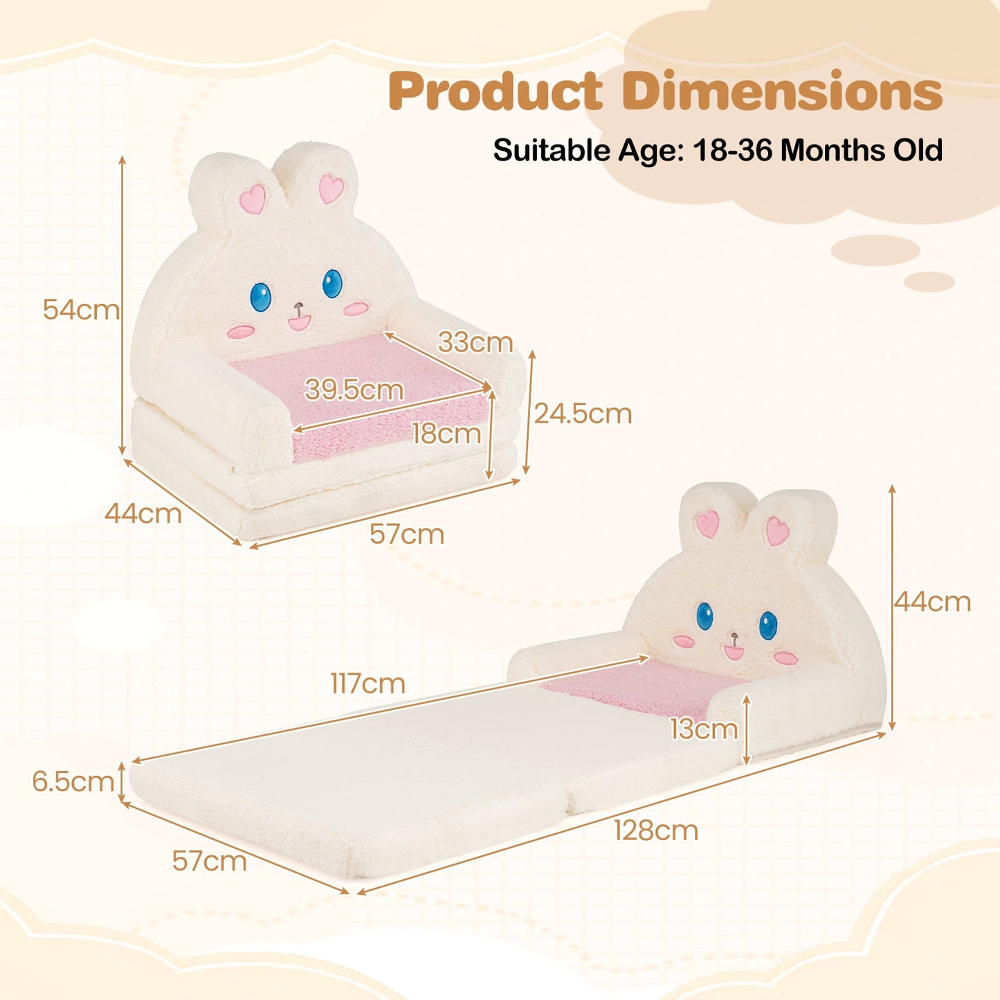 2-in-1 Convertible Kids Sofa to Lounger with Removable Cover and lovely Patterns-Pink