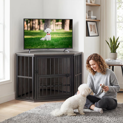 2-in-1 Dog Kennel and Decorative TV Stand with Dog Bowl Rack-Grey