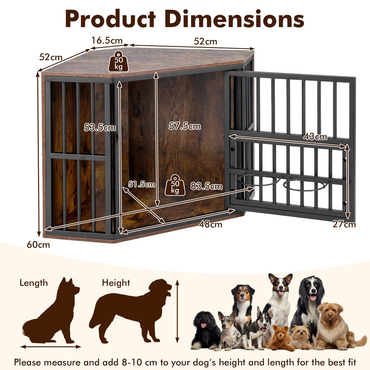 2-in-1 Dog Kennel and Decorative TV Stand with Dog Bowl Rack-Rusticbrown