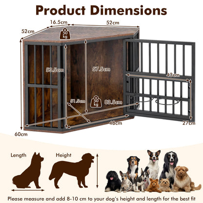 2-in-1 Dog Kennel and Decorative TV Stand with Dog Bowl Rack-Rusticbrown