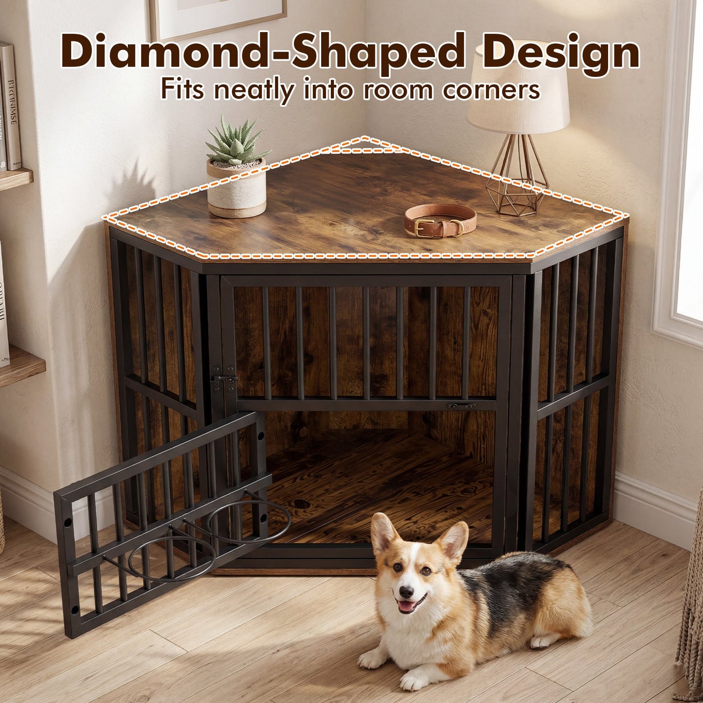 2-in-1 Dog Kennel and Decorative TV Stand with Dog Bowl Rack-Rusticbrown