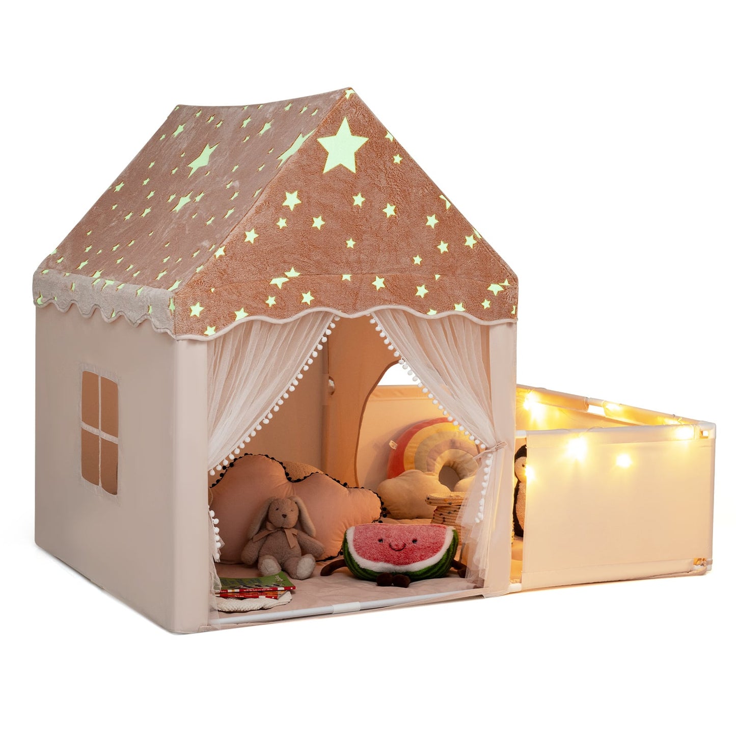 2-in-1 Kids Camping Tent with Attachable Side Playpen for Toddlers-Beige