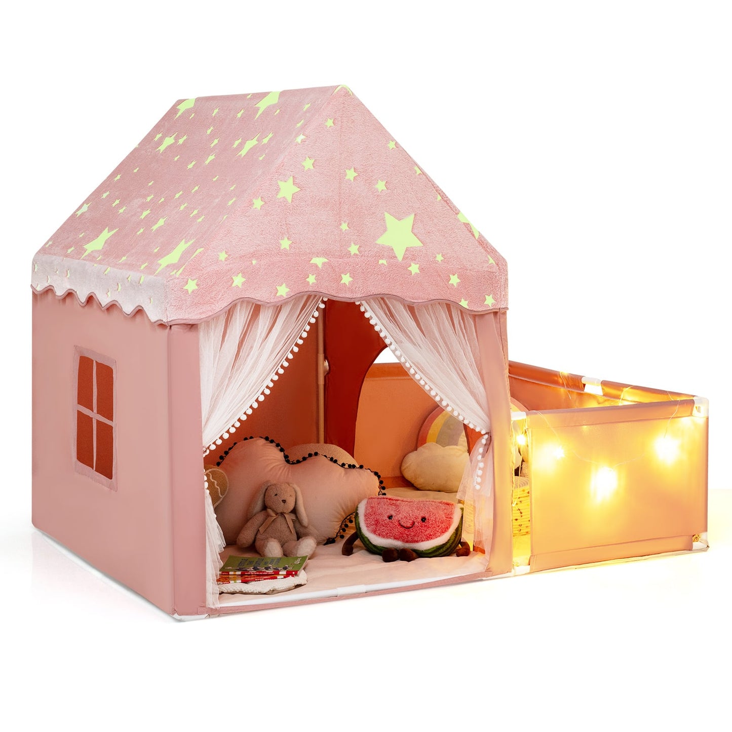 2-in-1 Kids Camping Tent with Attachable Side Playpen for Toddlers-Pink