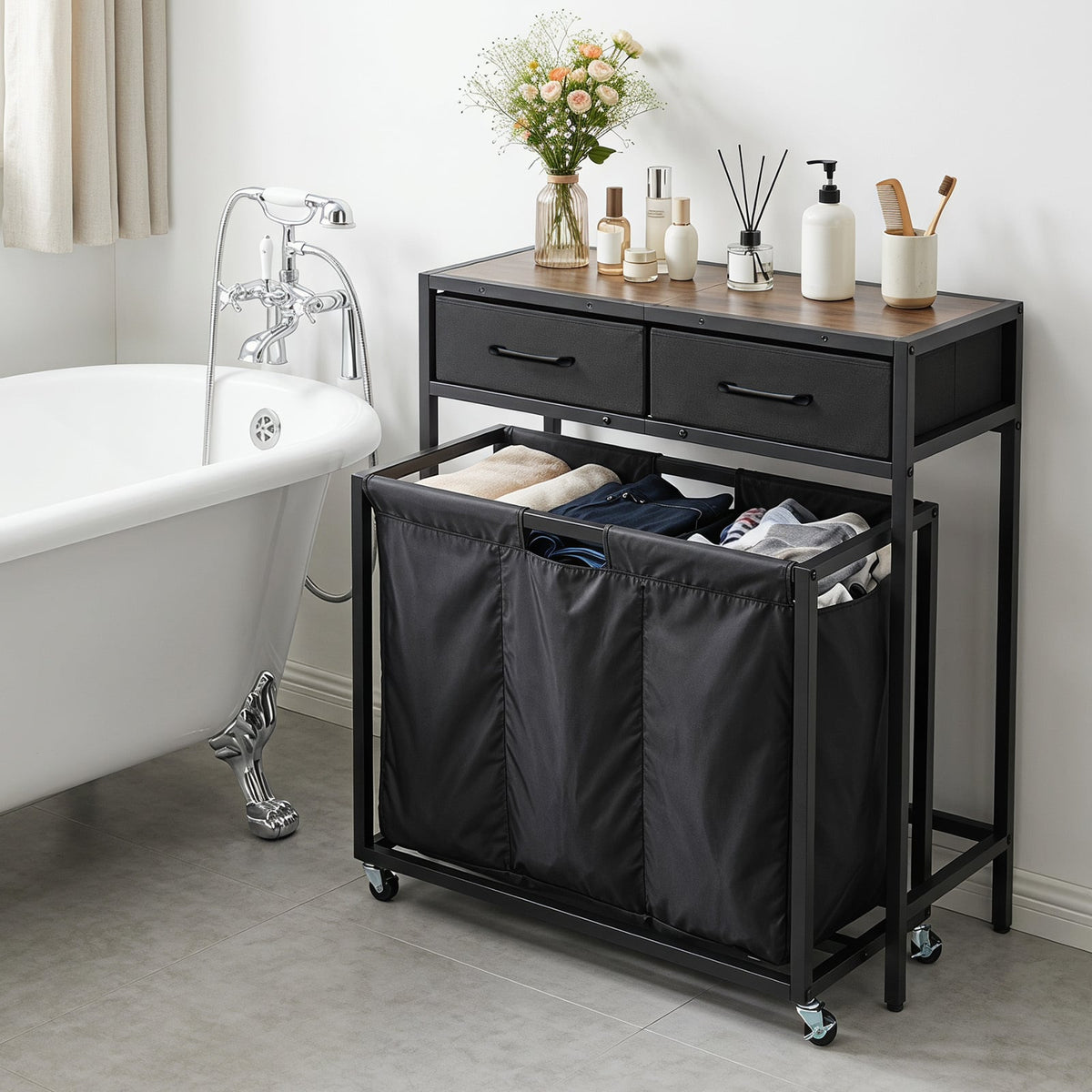 2-in-1 Laundry Basket Organizer with 3 Sections and Wheels for Bath-Black