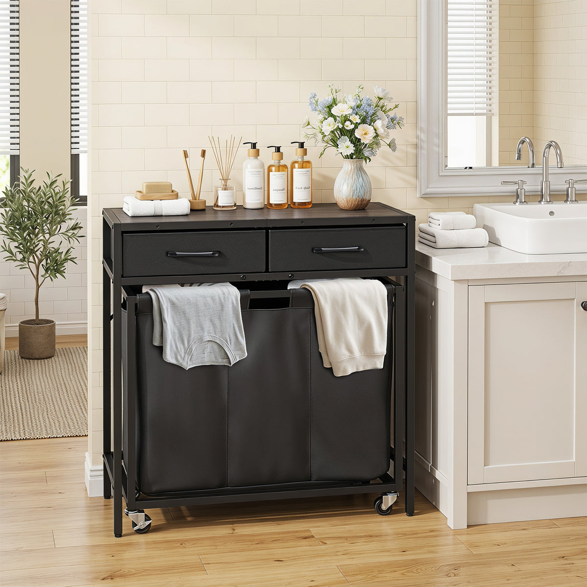 2-in-1 Laundry Basket Organizer with 3 Sections and Wheels for Bath-Black
