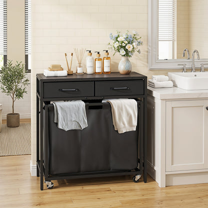 2-in-1 Laundry Basket Organizer with 3 Sections and Wheels for Bath-Black