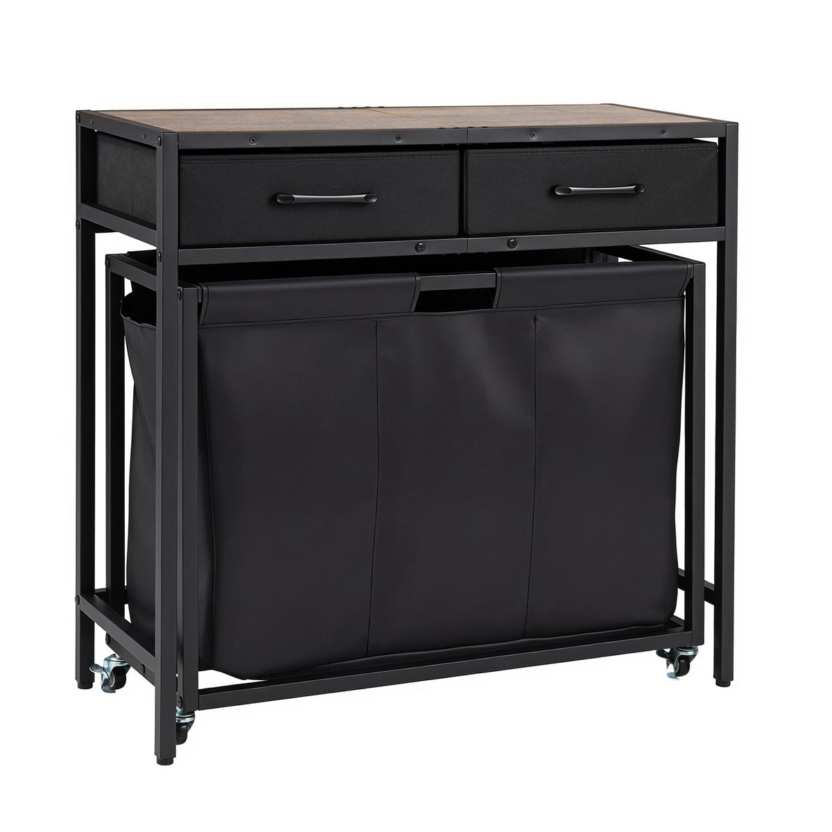 2-in-1 Laundry Basket Organizer with 3 Sections and Wheels for Bath-Black