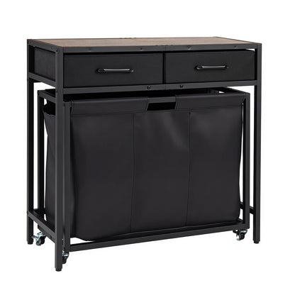 2-in-1 Laundry Basket Organizer with 3 Sections and Wheels for Bath-Black