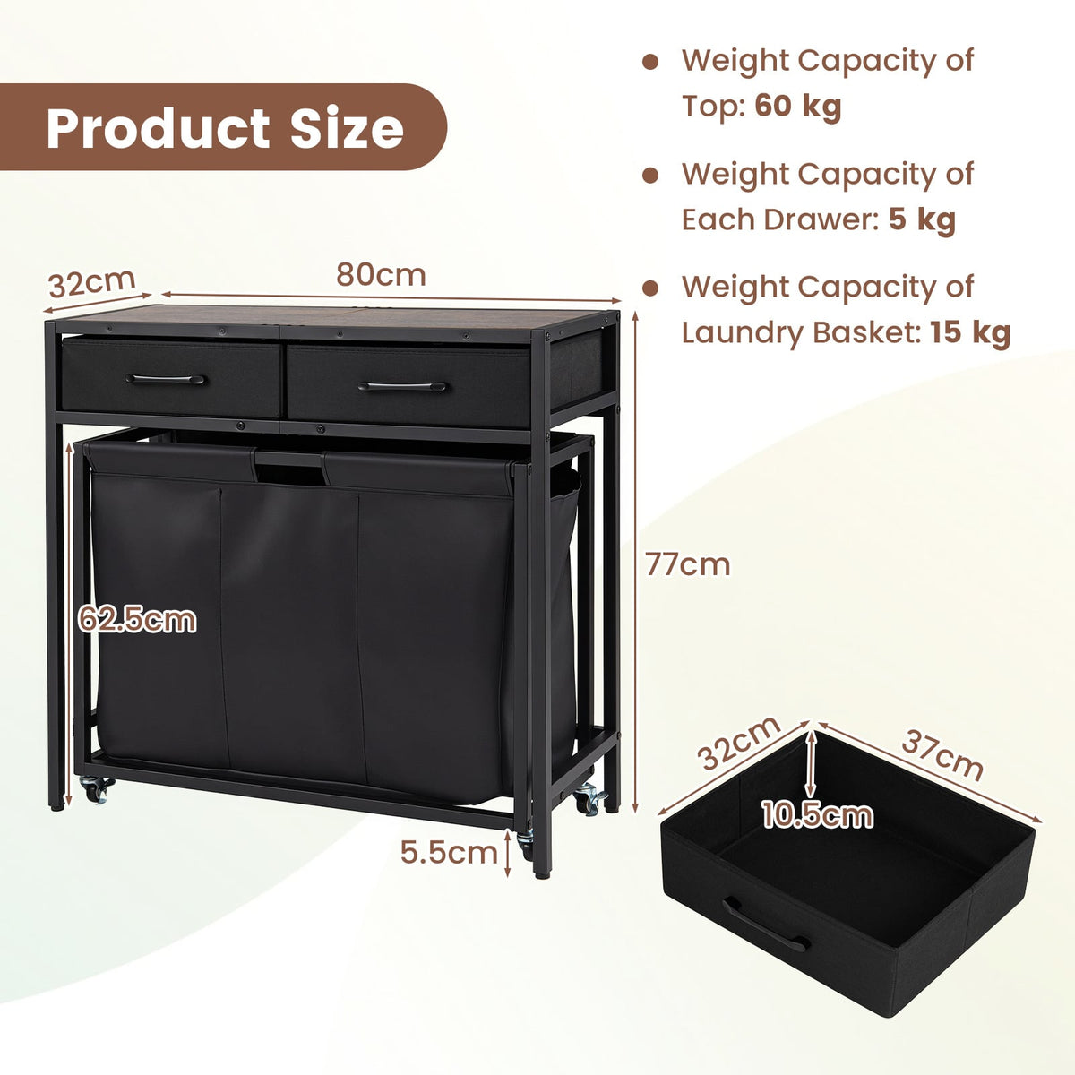 2-in-1 Laundry Basket Organizer with 3 Sections and Wheels for Bath-Black