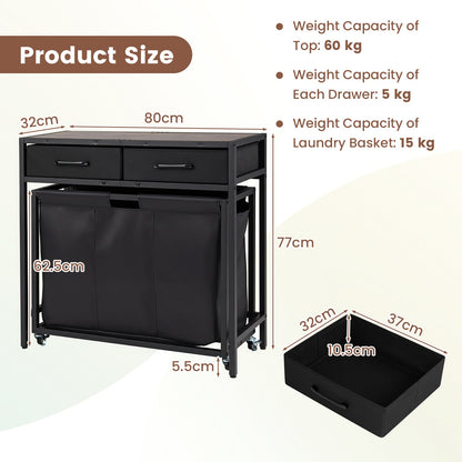 2-in-1 Laundry Basket Organizer with 3 Sections and Wheels for Bath-Black