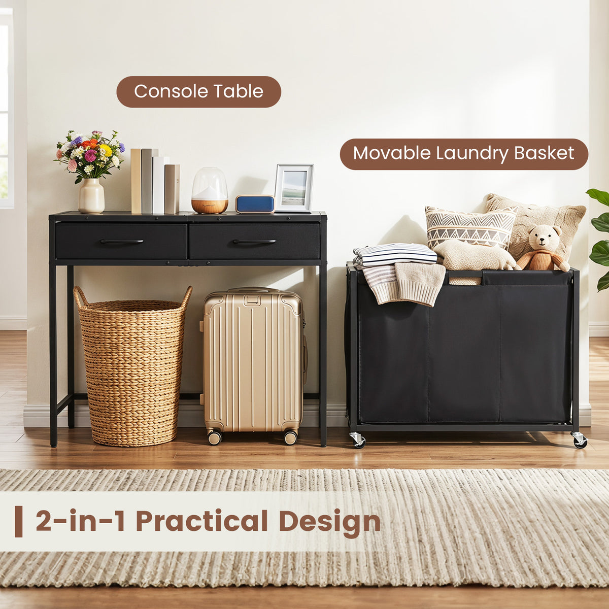 2-in-1 Laundry Basket Organizer with 3 Sections and Wheels for Bath-Black