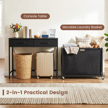 2-in-1 Laundry Basket Organizer with 3 Sections and Wheels for Bath-Black