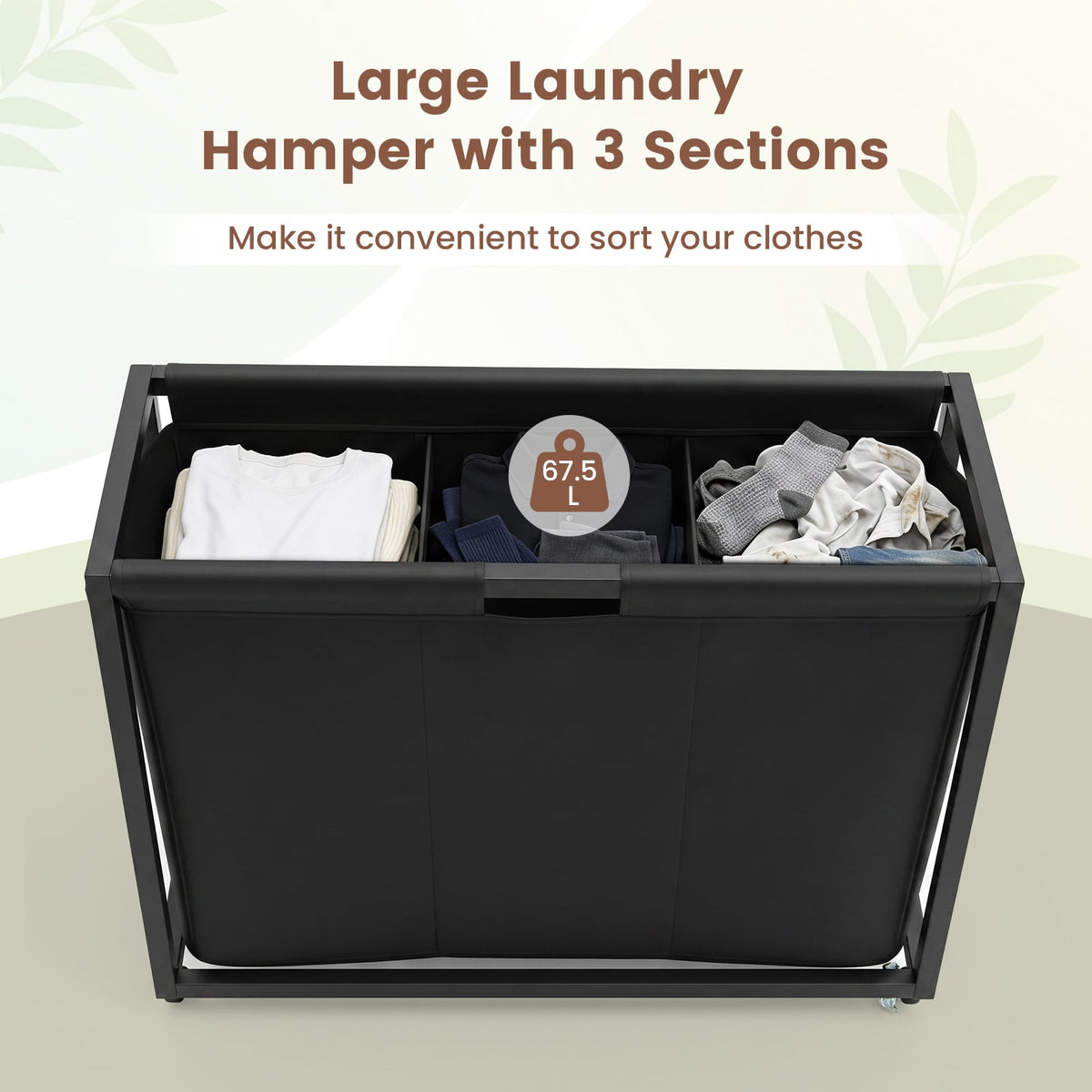 2-in-1 Laundry Basket Organizer with 3 Sections and Wheels for Bath-Black